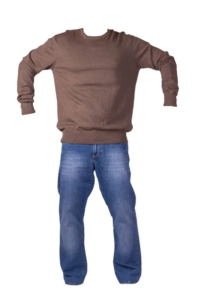 Maglione Marrone Uomo Blue Jeans Isolati Sfondo Bianco Abbigliamento Casual — Foto Stock