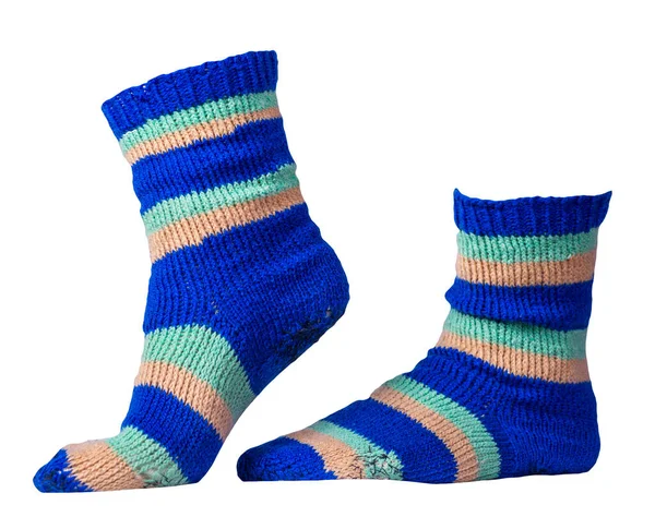 Woolen Blue Turquoise Beige Striped Socks Isolated White Background Winter — Stock Photo, Image