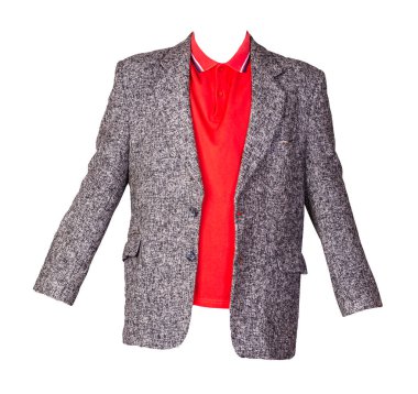 Düğmeli gri ceket ve yakalı kırmızı polo gömlek ve beyaz arka planda izole edilmiş düğmeler. Sıradan stil