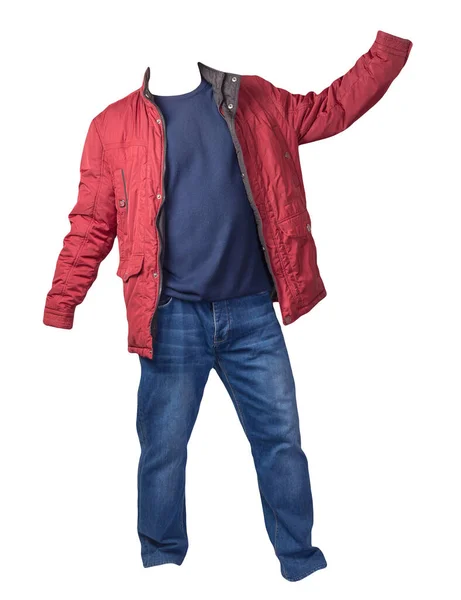 Red Jacket Blue Sweater Blue Jeans Isolated White Background Casual — Stock Photo, Image