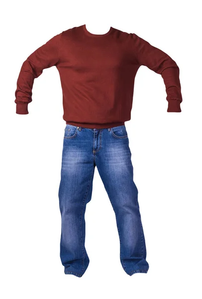 Dunkelroter Pullover Und Blaue Jeans Auf Weißem Hintergrund — Stockfoto
