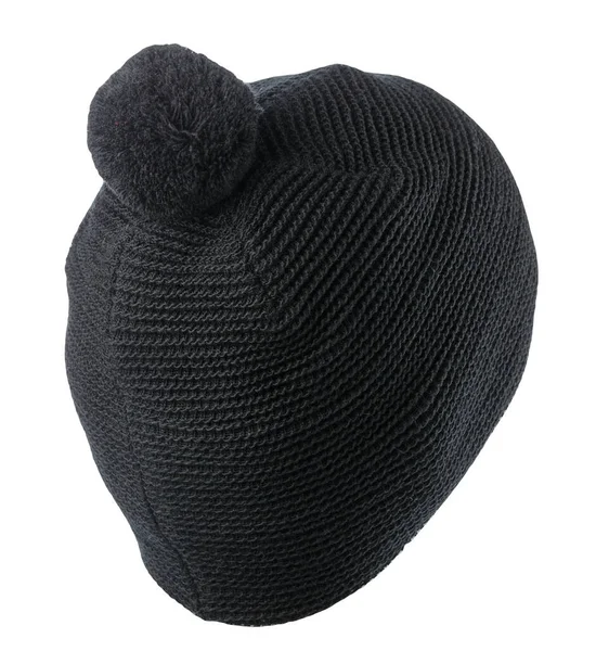 Cappello Nero Lavorato Maglia Isolato Sfondo Bianco Hat Con Pompon — Foto Stock