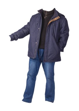 Fermuarlı mavi ceket, siyah kazak ve beyaz arka planda izole edilmiş kot pantolon. Sıradan moda kıyafetleri.