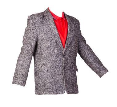 Düğmeli gri ceket ve yakalı kırmızı polo gömlek ve beyaz arka planda izole edilmiş düğmeler. Sıradan stil