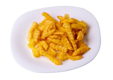 Beyaz arka planda izole edilmiş bir tabakta patates kızartması. Beyaz tabakta patates kızartması. Abur cubur. Fast food