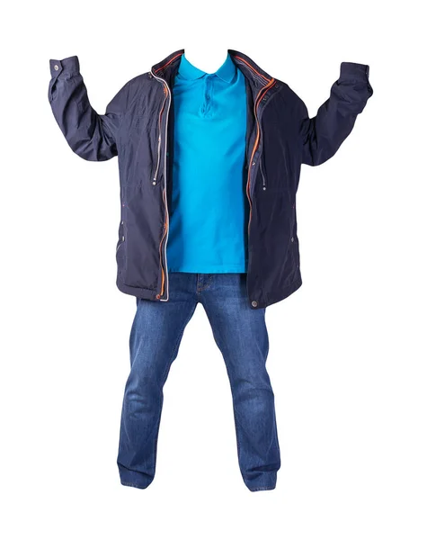 Chaqueta Azul Oscuro Con Cremallera Camisa Azul Vaqueros Azules Aislados — Foto de Stock