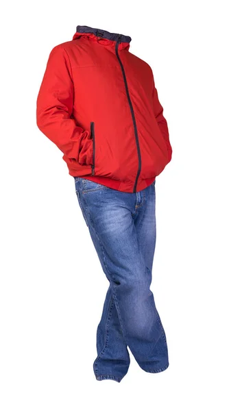 Красный Мужской Пиджак Молнией Синие Джинсы Изолированы Белом Фоне Casual — стоковое фото