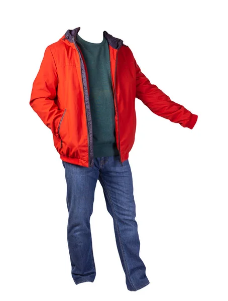 Rote Jacke Mit Reißverschluss Türkisfarbener Pullover Und Blaue Jeans Auf — Stockfoto