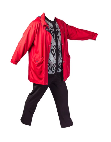 女人的黑色裤子 秋天的红色外套和针织绿松石短衫 白色背景隔离 时髦休闲装 — 图库照片