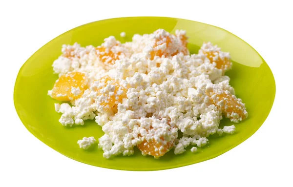 Ricotta Con Pesche Piatto Calce Isolato Sfondo Bianco Ricotta Vista — Foto Stock