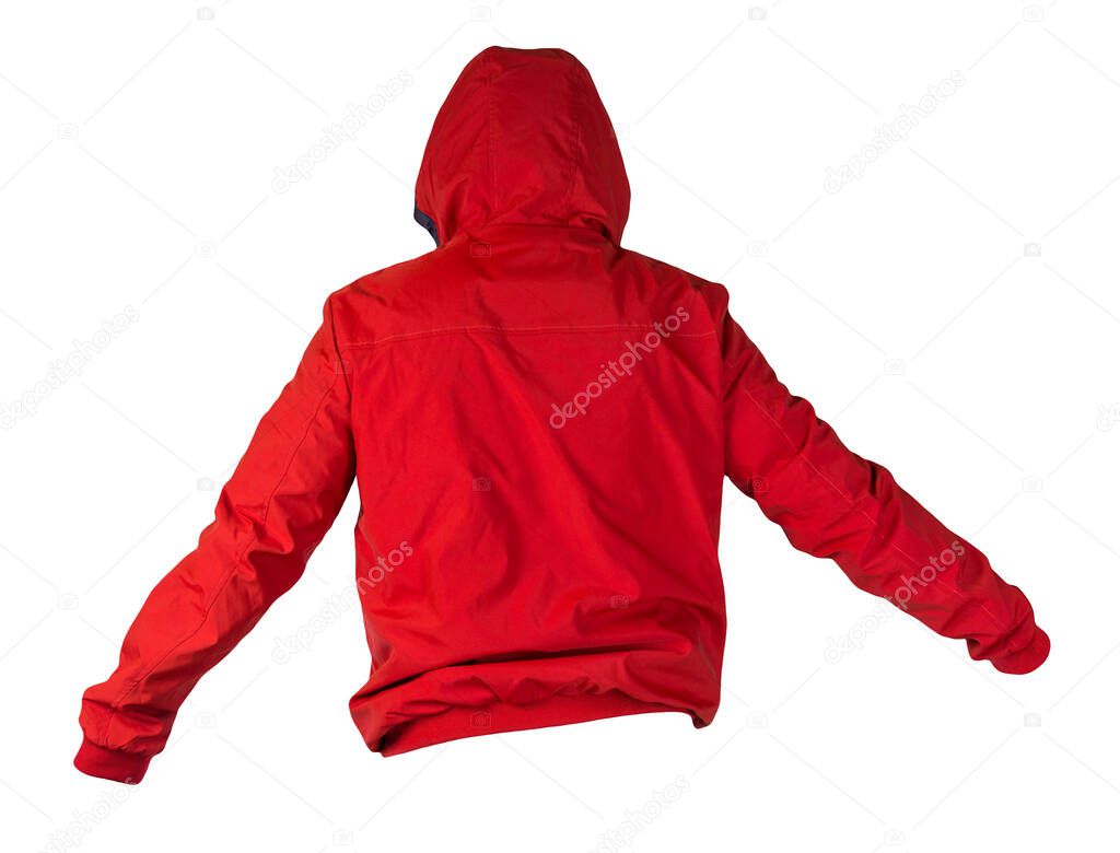 Male red jacket with a zipper with a hood isolated on a white background. Windbreaker jacket. Casual style