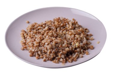 Beyaz arka planda izole edilmiş gri plakalı karabuğday. Karabuğday üst görünümü. Sağlıklı yiyecekler. Verimli yiyecekler