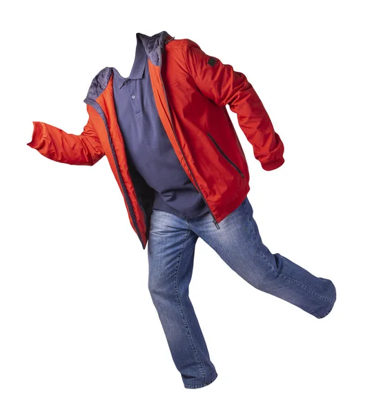 Veste Rouge Chemise Bleu Foncé Jeans Bleus Isolés Sur Fond — Photo