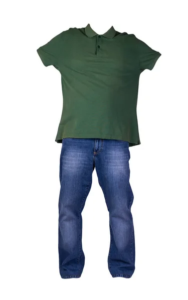 Pánské Tmavě Zelené Tričko Knoflíkovými Límečky Modrými Džínami Izolované Bílém — Stock fotografie