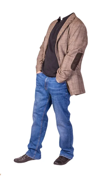 Män Knapp Ljusbrun Jacka Män Blå Jeans Läder Svarta Skor — Stockfoto