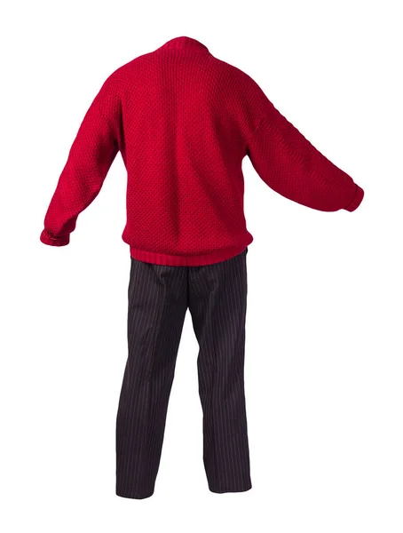 Damskie Czarne Spodnie Paski Czerwony Sweter Drutach Białym Tle Wygodne — Zdjęcie stockowe