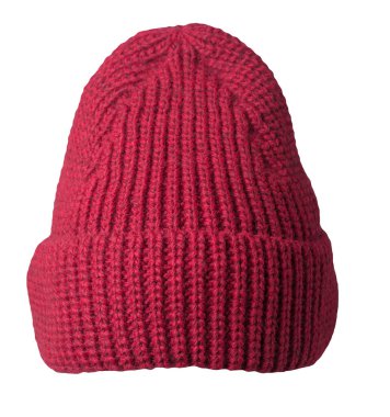 Kadın kırmızı şapkası. Örgü şapka beyaz arkaplanda izole.