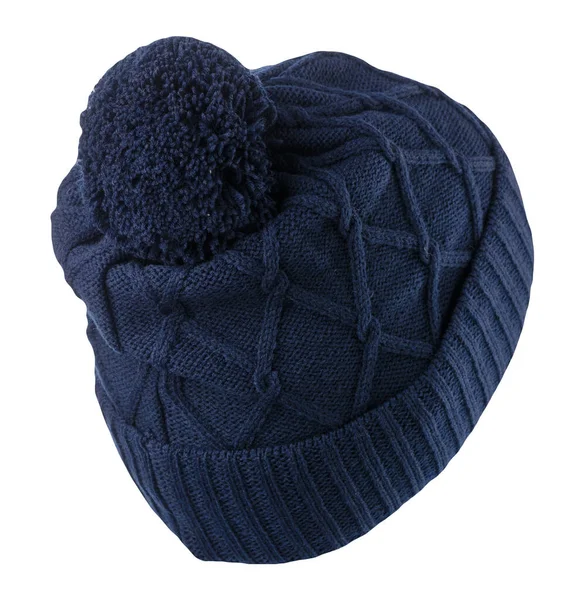 Knitted Dark Blue Hat Isolated White Background Hat Pompon — Stock Photo, Image