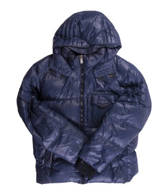 Koyu mavi ceketli erkekler beyaz arka planda izole edilmiş bir başlık giyiyorlar. Rüzgarlık ceketli üst manzara. Sıradan stil