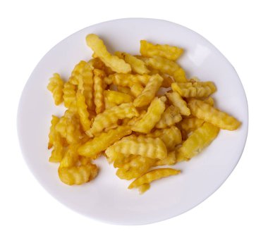 Beyaz arka planda izole edilmiş bir tabakta patates kızartması. Beyaz tabakta patates kızartması. Abur cubur. Fast food