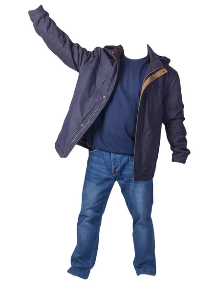 Blauwe Jas Met Rits Blauwe Trui Blauwe Jeans Geïsoleerd Witte — Stockfoto