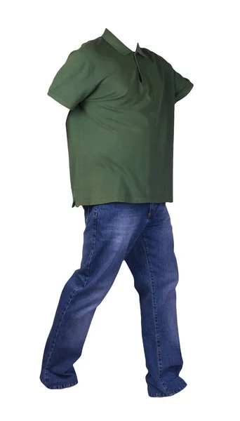 Mænds Mørkegrønne Shirt Med Knap Kraver Blå Jeans Isoleret Hvid - Stock-foto
