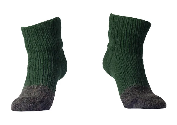 Wolle Dunkelgrün Grau Socken Isoliert Auf Weißem Hintergrund Winterzubehör — Stockfoto