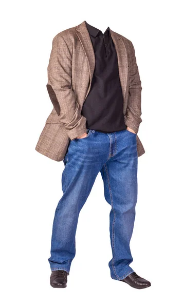 Män Knapp Ljusbrun Jacka Män Blå Jeans Läder Svarta Skor — Stockfoto