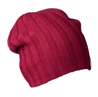 Beyaz bir arka planda izole edilmiş kırmızı örülmüş şapka. Sıradan bir tarz için moda şapka aksesuarı.