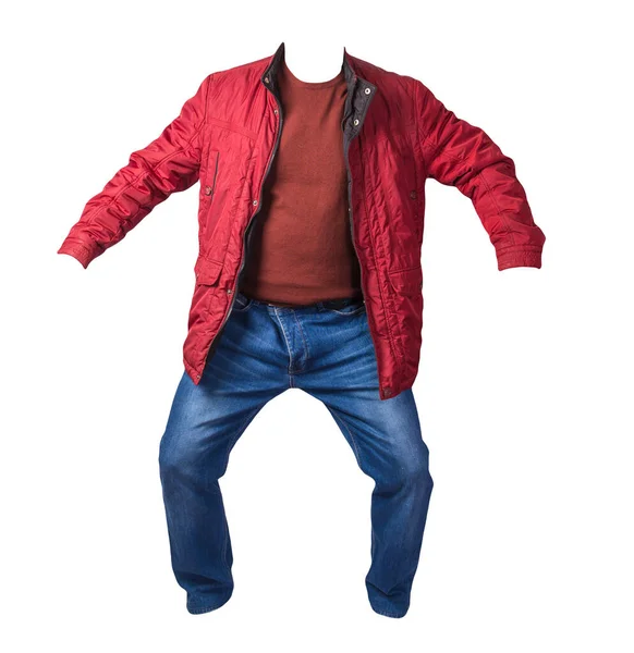 Jaqueta Vermelha Com Zíper Suéter Vermelho Jeans Azul Isolado Fundo — Fotografia de Stock