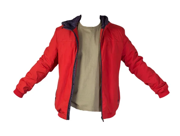 赤いジッパージャケットとオリーブのTシャツは白い背景に隔離されています カジュアルスタイル — ストック写真