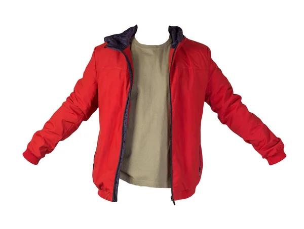 Rote Jacke Mit Reißverschluss Und Olivfarbenes Shirt Auf Weißem Hintergrund — Stockfoto