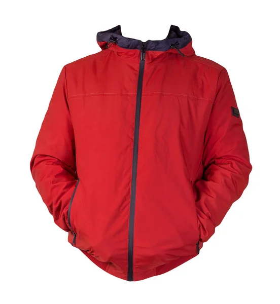 Beyaz arka planda izole edilmiş kapüşonlu fermuarlı kırmızı erkek ceketi. Rüzgarlık ceketi. Sıradan stil