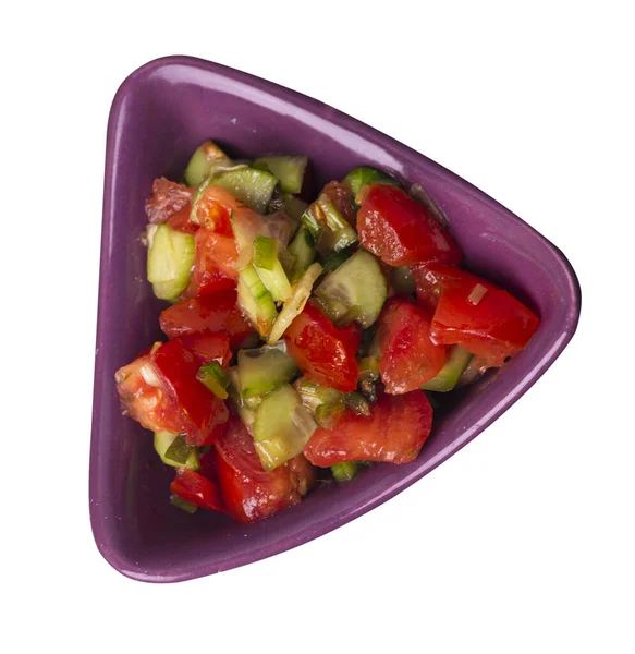 Vegetarische Salade Met Komkommers Tomaten Groene Uien Veganistische Salade Rood — Stockfoto