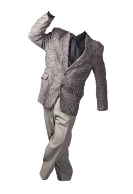 Erkek gri ceket, siyah gömlek ve beyaz arka planda izole edilmiş açık gri pantolon. resmi takım