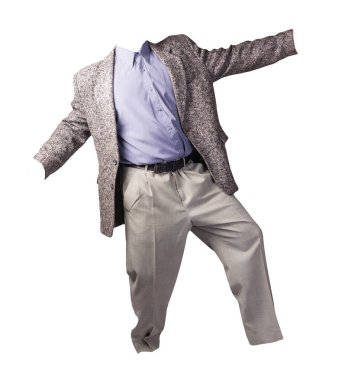 Erkek gri ceket, mor gömlek ve beyaz arka planda izole edilmiş açık gri pantolon. resmi takım