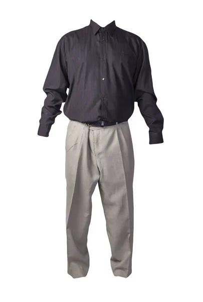 Men Black Shirt Long Sleeves Light Gray Pants Isolated White — Stock Photo, Image