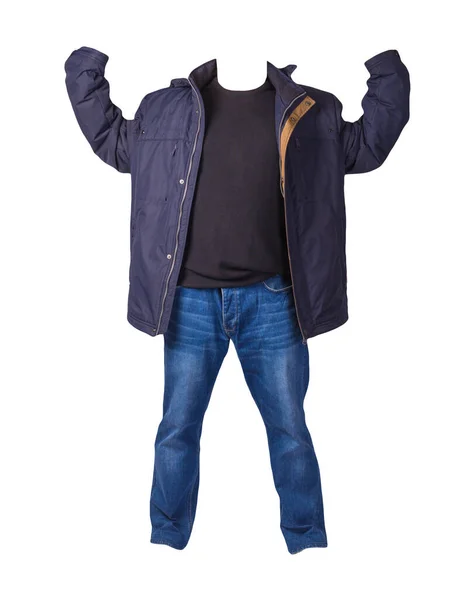 Blå Jacka Med Dragkedja Svart Tröja Och Blå Jeans Isolerad — Stockfoto