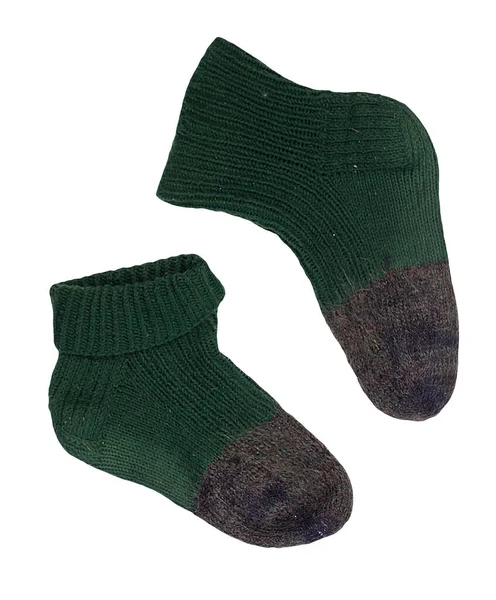 Ull Mörkgrön Grå Strumpor Isolerade Vit Bakgrund Vinteraccessories Socks Ovanifrån — Stockfoto