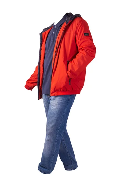 Röd Jacka Mörkblå Skjorta Och Blå Jeans Isolerad Vit Bakgrund — Stockfoto