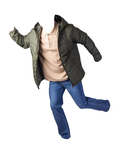 Giacca Hakki Con Cerniera Camicia Marrone Chiaro Jeans Blu Isolati — Foto Stock