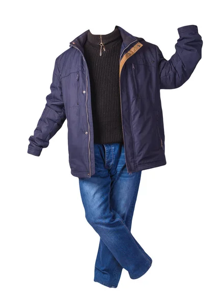 파란색 상의에 지퍼와 스웨터를 배경에는 청바지를 평상복 — 스톡 사진