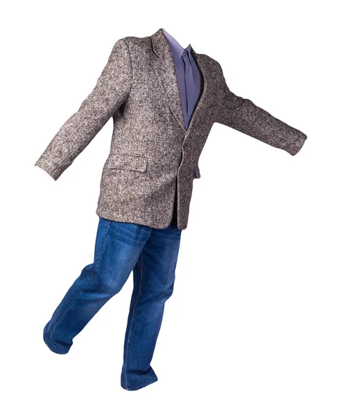 Чоловіча Сіра Куртка Фіолетовою Сорочкою Блакитними Джинсами Ізольована Білому Тлі — стокове фото