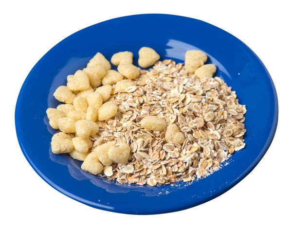 Healthy Breakfast Plate Isolated White Background Muesli Cornflakes Raisins Dates — Stock Photo, Image