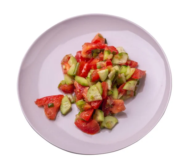 Vegetarische Salade Met Komkommers Tomaten Groene Uien Veganistische Salade Beige — Stockfoto