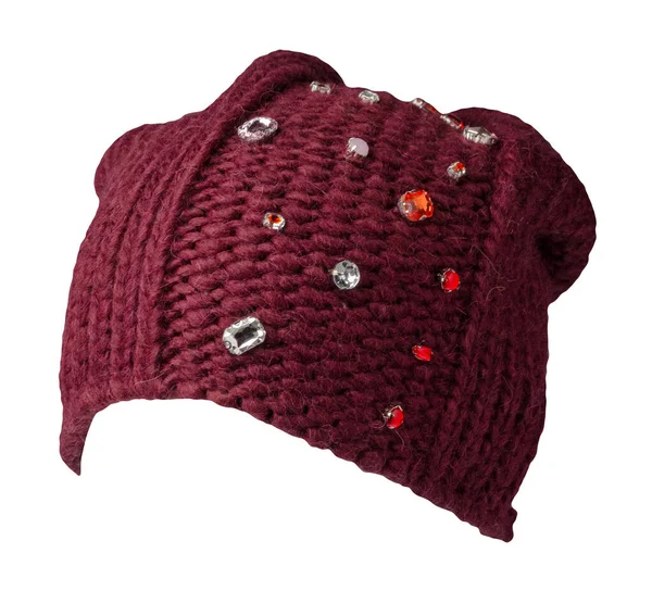 Kvinnors Mörkröda Hatt Stickad Hatt Isolerad Vit Bakgrund — Stockfoto