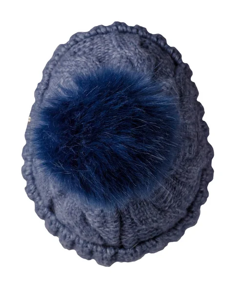 Chapéu Azul Malha Isolado Fundo Branco Chapéu Com Pompon — Fotografia de Stock