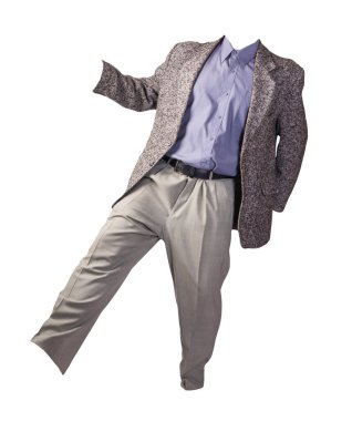 Erkek gri ceket, mor gömlek ve beyaz arka planda izole edilmiş açık gri pantolon. resmi takım