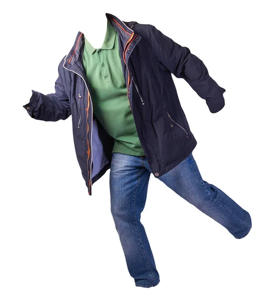 Blå Jacka Grön Skjorta Och Blå Jeans Isolerad Vit Bakgrund — Stockfoto