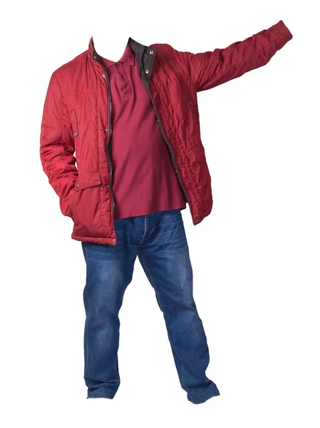 Rote Jacke Dunkelrotes Hemd Und Blaue Jeans Auf Weißem Hintergrund — Stockfoto